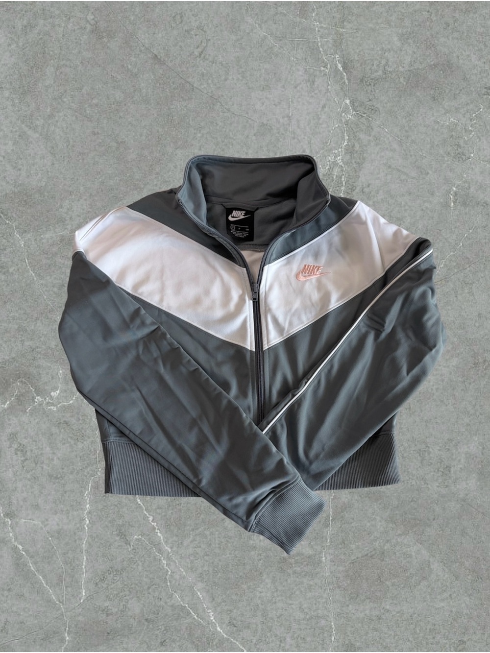 Nike Gray and White Track Jacket with Pink Swoosh